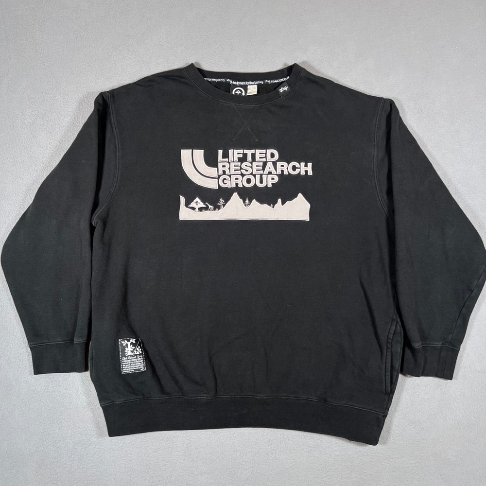 LRG Lifted Research Group Mens XL Black Crewneck Sweatshirt North Face Logo‎ Rip
